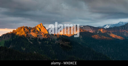 Abendlicht auf Berggipfeln, Ansicht von Hurricane Ridge, Olympic Nationalpark, UNESCO, Washington State, Vereinigte Staaten von Amerika, Nordamerika Stockfoto