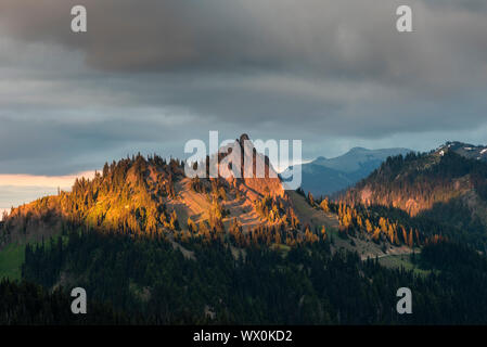 Abendlicht auf Berggipfeln, Ansicht von Hurricane Ridge, Olympic Nationalpark, UNESCO, Washington State, Vereinigte Staaten von Amerika, Nordamerika Stockfoto