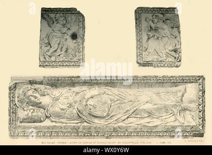 Sarkophag von Santa Giustina, c 1476, (1881). Ätzen von Marmor Grab c 1476, vermutlich für die Kirche Santa Giustina in Padua in Italien, von Gregorio di Allegretto. Die Vorderseite des Sarkophags zeigt der Körper des Heiligen, in Relief geschnitzt, der lag auf einem Bier und mit einem Tuch bedeckt. An den Enden sind Reliefs von Engeln Pfannen schwingen. Von "South Kensington Museum", ein Buch der eingelassenen Illustrationen, mit Beschreibungen, der die Kunstwerke in der Sammlung des Victoria &Amp; Albert Museum in London (früher als das South Kensington Museum bekannt). [Sampson Niedrig, Marston, Sear Stockfoto