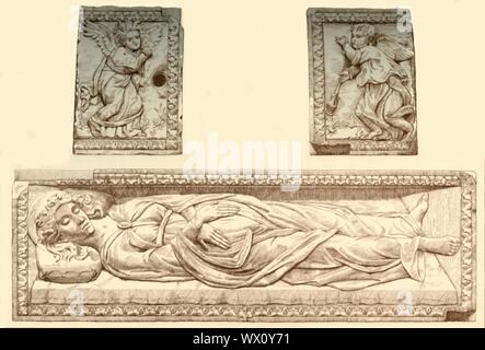Sarkophag von Santa Giustina, c 1476, (1881). Ätzen von Marmor Grab c 1476, vermutlich für die Kirche Santa Giustina in Padua in Italien, von Gregorio di Allegretto. Die Vorderseite des Sarkophags zeigt der Körper des Heiligen, in Relief geschnitzt, der lag auf einem Bier und mit einem Tuch bedeckt. An den Enden sind Reliefs von Engeln Pfannen schwingen. Von "South Kensington Museum", ein Buch der eingelassenen Illustrationen, mit Beschreibungen, der die Kunstwerke in der Sammlung des Victoria &Amp; Albert Museum in London (früher als das South Kensington Museum bekannt). [Sampson Niedrig, Marston, Sear Stockfoto