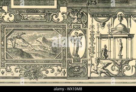 Design für die Wand oder Decke Dekoration in den grotesken Geschmack, 16. Jahrhundert, (1881). Renaissance für architektonische Ornament. Gravur nach einem 16. Jahrhundert Zeichnung der Schule von Perino Del Vaga. Von "South Kensington Museum", ein Buch der eingelassenen Illustrationen, mit Beschreibungen, der die Kunstwerke in der Sammlung des Victoria &Amp; Albert Museum in London (früher als das South Kensington Museum bekannt). [Sampson Niedrig, Marston, Searle und Rivington, London, 1881] Stockfoto