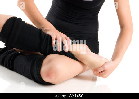 Beine in schwarzen Kniestrümpfe Aufwärmen Stockfoto