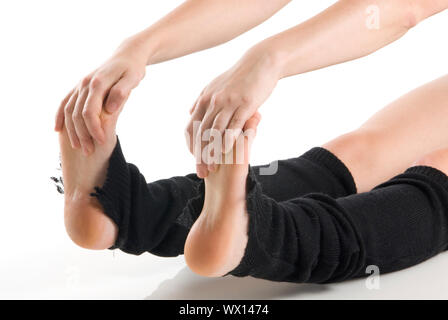 Beine in schwarzen Kniestrümpfe Aufwärmen Stockfoto