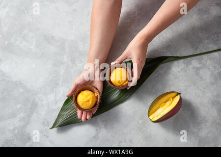 Frau Hände halten Natürliche mango Eis in der Coconut Shell mit der Hälfte frische Mango auf palmblättern am grauen Stein Hintergrund Stockfoto