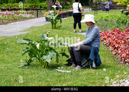 Eine Dame artist Skizzieren eines Werks in Montreal Botanical Gardens Stockfoto