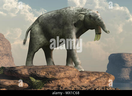 Hoe tusker oder Deinotherium ('schreckliche Bestie"), war ein prähistorischer relative der Elefanten mit seltsamen nach unten gebogenen Stoßzähnen aus dem Unterkiefer. Stockfoto