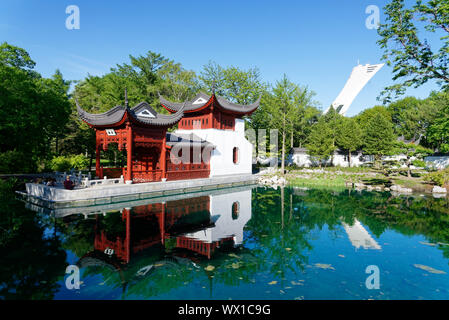 Der Chinesische Garten in Montreal botanischer Garten mit dem Olympiastadion Turm über Stockfoto