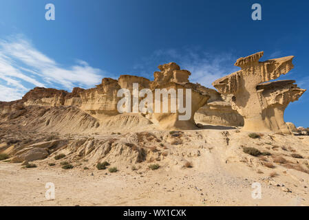 Wüstenhaft Landschaft von Erosion, Felsen, natürliche Formationen in Bolnuevo, Murcia, Spanien. Stockfoto