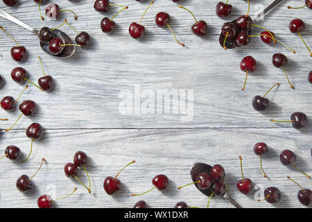 Colorfiul Früchte Muster mit drei Löffel mit roten saftige reife Kirschen und Beeren auf einem grauen Hintergrund aus Holz. Stockfoto