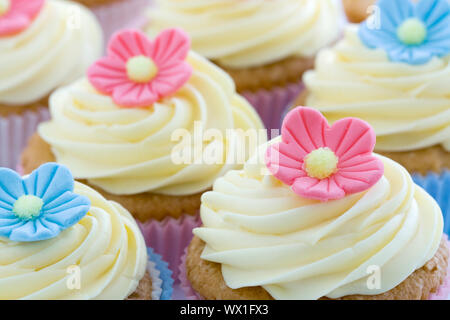 Cupcakes mit Zuckerguss und Zucker Blumen dekoriert Stockfoto