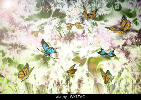 Abstraktes Bild: Schmetterlinge und Blumen. 3D-Rendering. Stockfoto