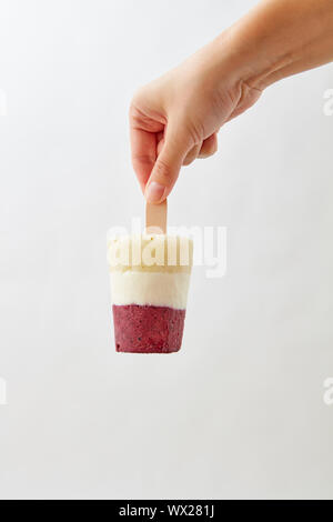 Ein buntes Obst Eis am Stiel hält eine weibliche Hand auf einem grauen Hintergrund mit einer Kopie. Süße kaltes Dessert Stockfoto