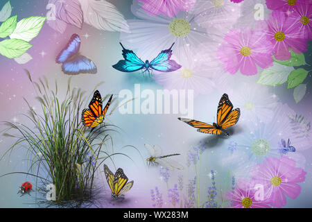 Abstraktes Bild: Schmetterlinge und Blumen. 3D-Rendering. Stockfoto