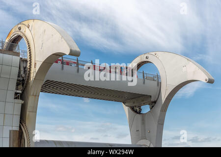 Einführung in Falkirk Wheel, rotierende Schiffshebewerk in Schottland, Stockfoto