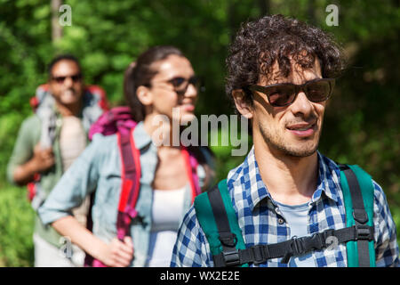 Eine Gruppe von Freunden mit Rucksäcken Wandern im Wald Stockfoto