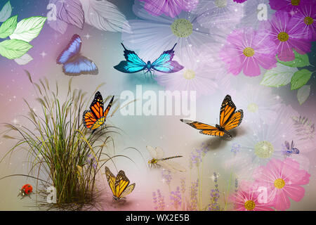 Abstraktes Bild: Schmetterlinge und Blumen. 3D-Rendering. Stockfoto