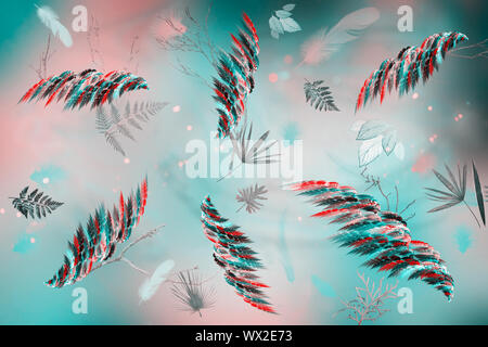 Abstraktes Bild: Schmetterlinge und Blumen. 3D-Rendering. Stockfoto