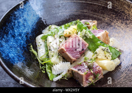 Moderne gebratener Thunfisch tataki Rinderfilet Salat mit weißen Spargel Zucker Snaps und Parmesan als Draufsicht auf einer Platte Stockfoto