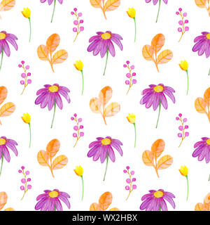 Aquarell Herbst Blumen nahtlose Muster mit orange Blätter und Daisy Flowers. Natur Hintergrund Stockfoto