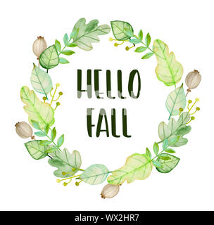 Aquarell Herbst Blumen Rahmen mit grünen Blättern auf einem weißen Hintergrund. Hand gezeichnet Abbildung. Hallo fallen Schriftzug Stockfoto