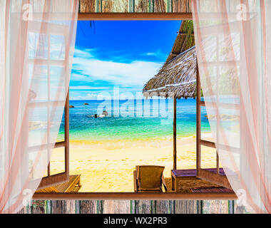 Fenster offene Meer Strand Grasgrün Stockfoto