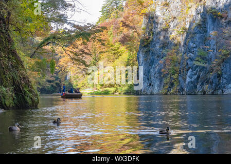 Geibikei Gorge River Cruises im Herbst Laub Saison. Schöne Landschaft Landschaften Aussicht bei schönem Wetter Tag. Suzuka, Iwate Präfektur, Japan Stockfoto