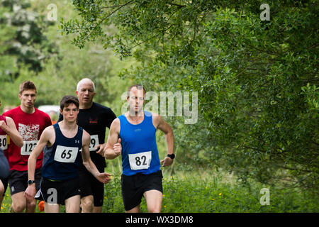 Laienhafte Läufer in einem realen Rennen, das traditionelle 2 Hügel Chagford trail Race Stockfoto