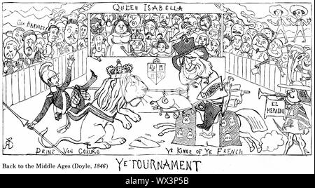 Gravur einer politischen Karikatur von 1846, die den Konflikt zwischen England und der spanische Premierminister Ramón María Narváez, 1. Herzog von Valencia, als Turnier aus dem Mittelalter. Von Punch magazine. Stockfoto