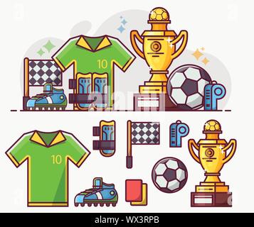 Fußball und Fußball Line Art Symbole gesetzt Stock Vektor