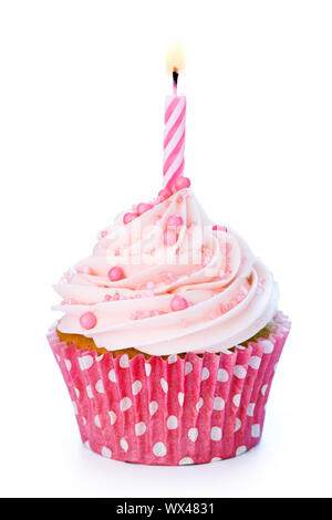 Rosa geburtstag Cupcake isoliert auf weißem Stockfoto