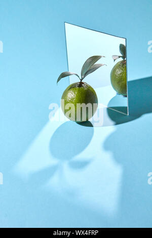 Kalk mit grünen Blättern und einen Spiegel auf einem blauen Hintergrund mit Schatten und eine Kopie der ein Distanzstück. Kreative Zusammensetzung von Lebensmitteln Stockfoto