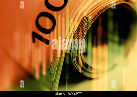 Double Exposure Börse Anzeige oder forex trading Graph und Candlestick Chart auf Euro Banknote. Stockfoto