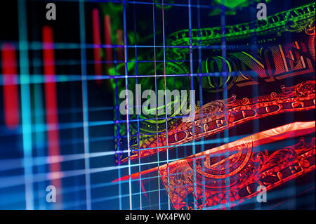 Double Exposure Börse Anzeige oder forex trading Graph und Candlestick Chart auf Dollar Banknote. Stockfoto