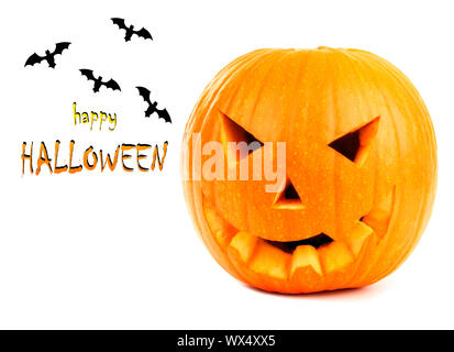 Halloween-Kürbis & Fledermäuse isoliert auf weiss Stockfoto