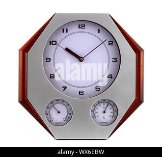 Eine Uhr mit einer Stoppuhr bestimmt sowohl die Uhr und die Zeit. Die Uhr wird auf einem weißen Hintergrund. Stockfoto