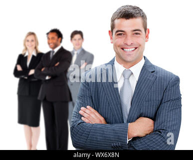 Geschäftsmann vor Kollegen Stockfoto