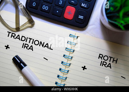 Traditionelle IRA und Roth IRA Text auf ein Buch über Büro Schreibtisch isoliert. Stockfoto