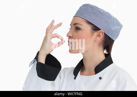 Koch mit ihr schmackhaft machen beantragen Hände auf weißem Hintergrund Stockfoto