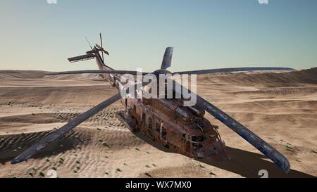 Alte verrostete Militärhubschrauber in der Wüste bei Sonnenuntergang Stockfoto