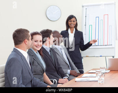 Indische Geschäftsfrau Berichterstattung Grafiken für Ihre Kollegen zu finanzieren. Stockfoto