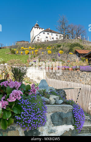 Werdenberg, SG/Schweiz - am 31. März 2019: historische Werdenberg Schloss mit bunten Frühling flowe Stockfoto