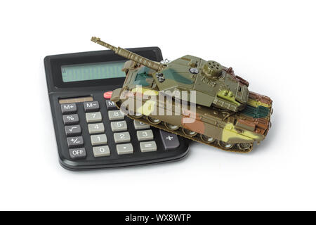 Taschenrechner und Spielzeug Panzer Stockfoto