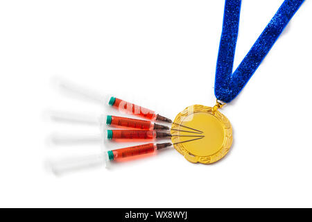 Goldmedaille und Spritzen Stockfoto