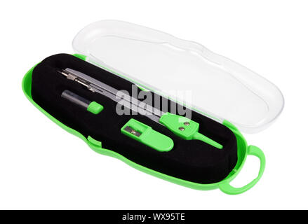 Einfache Schule grüne Kompass in einer Plastikbox isoliert Stockfoto