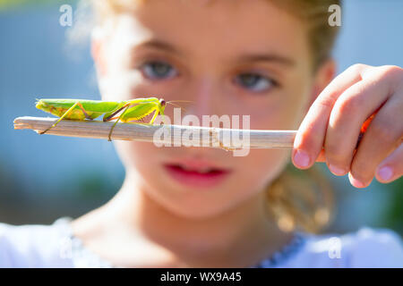 wissenschaftliche Naturforscher Biologe Kind Mädchen auf der Suche Gottesanbeterin Insekt closeup Stockfoto