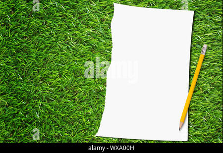 Papierreste und gelben Bleistift auf grünem Gras Hintergrund, Natur und Bildung Konzept Stockfoto