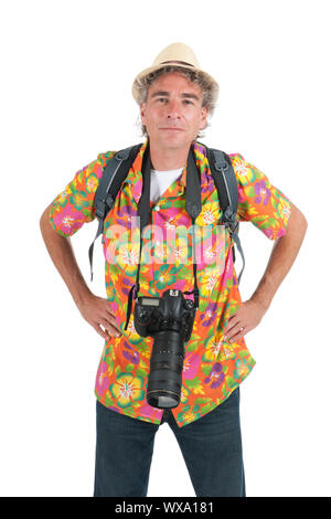 Typischer Tourist mit Rucksack und Foto-Kamera Stockfoto