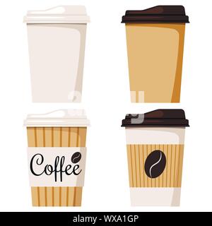 Auf weissem Hintergrund einweg Kraftpapier braun Isoliert, Weißbuch Kaffee Tasse mit Deckel Icon Set, entworfen, Kaffee Korn. Stock Vektor