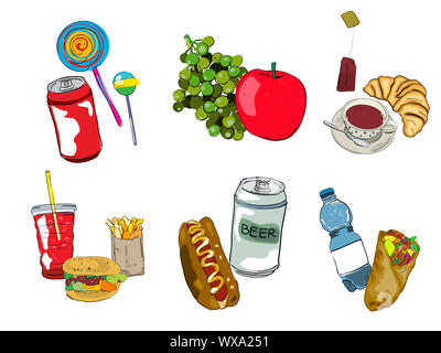 Fast Food, Getränke und Obst Icon Set, isoliert und gruppierte Objekte auf weißen Hintergrund. Hand gezeichnete Skizze. Stockfoto