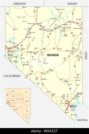 Nevada Straßen und administrative Karte mit der Autobahn US Autobahnen und Hauptstraßen Stock Vektor